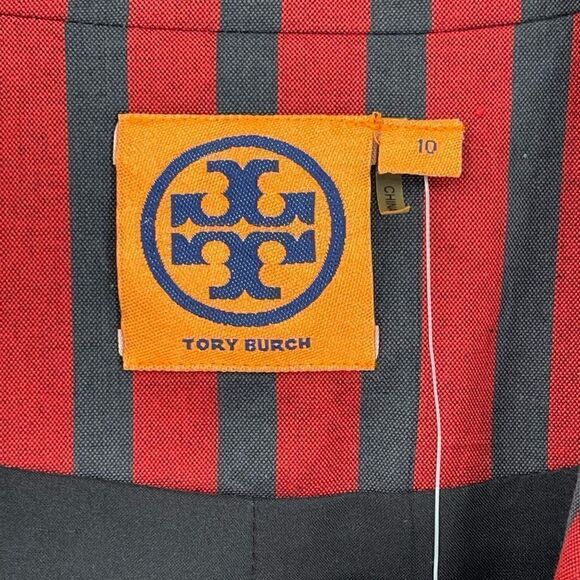 Tory Burch Blazer Jacket Red Navy Stripe Logo Embossed Buttons Lined Women 10 - Picture 3 of 8